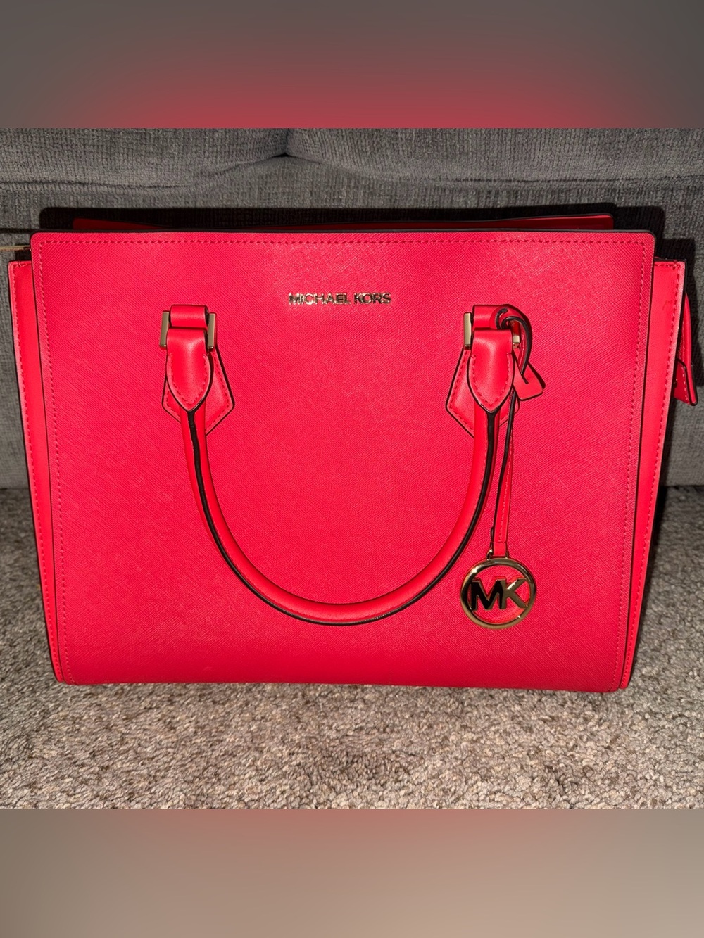 Michael Kors Bright Red Saffiano Tote with Gold Hardware